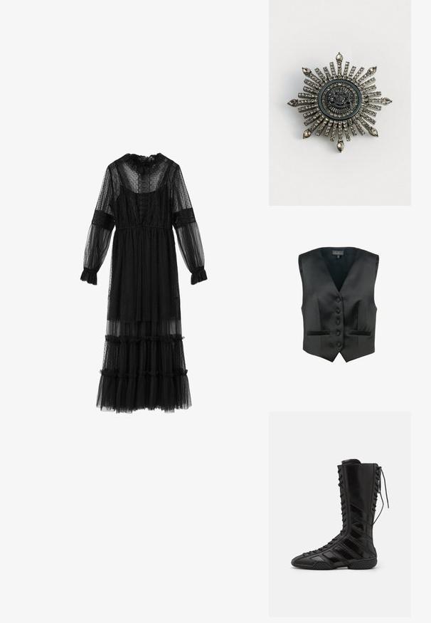 Luisa Spagnoli SCOLARO - Chaleco - nero; Vestido midi negro transparente de manga larga con lunares, detalles de encaje, puños con volantes, cuello alto y capas de falda en volantes.; Botas altas negras de material sintético brillante, con un intrincado diseño de cordones y acentos de rayas diagonales en los costados.; Broche en forma de estrella en metal de tono plateado con rhinestones transparentes. El diseño central presenta un emblema circular con un detallado intrincado.