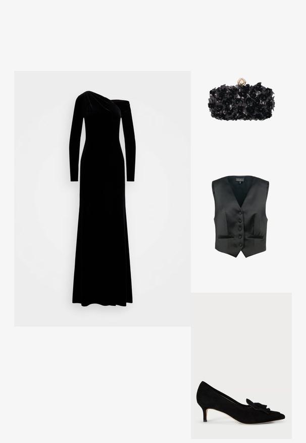 Luisa Spagnoli SCOLARO - Vest - nero; Sort fløjlskjole med en tætsiddende silhuet. Har lange ærmer og en asymmetrisk halsudskæring, hvilket skaber et glat, elegant design.; Sorte ruskinds højhælede pumpe med spids tå, dekorativ sløjfe og en slank 5 cm hæl. Glat tekstur og klassisk silhuet.; Sort blomstertekstureret clutch taske med en perle- og rhinsten dekoreret lås på toppen.