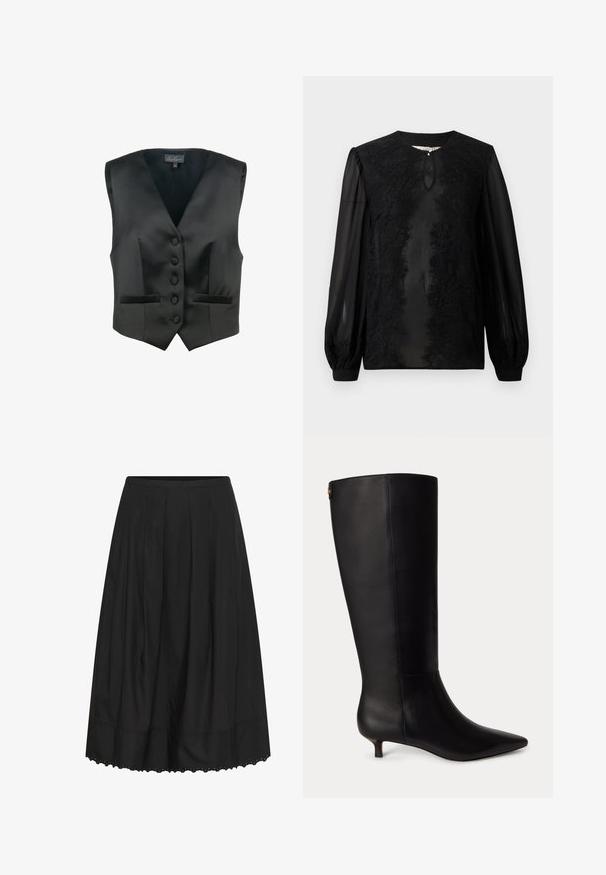 Luisa Spagnoli SCOLARO - Vest - nero; Sort bluse med lange gennemsigtige ærmer; har indviklet blondedetaljering langs fronten og en lille nøglehulåbning ved halsen.; Sort knælængde nederdel med plisseringer og bølget kantdetalje.; Sort knæhøj læderstøvle med spids tå og lav kitten hæl, vist fra siden på en ensfarvet baggrund.