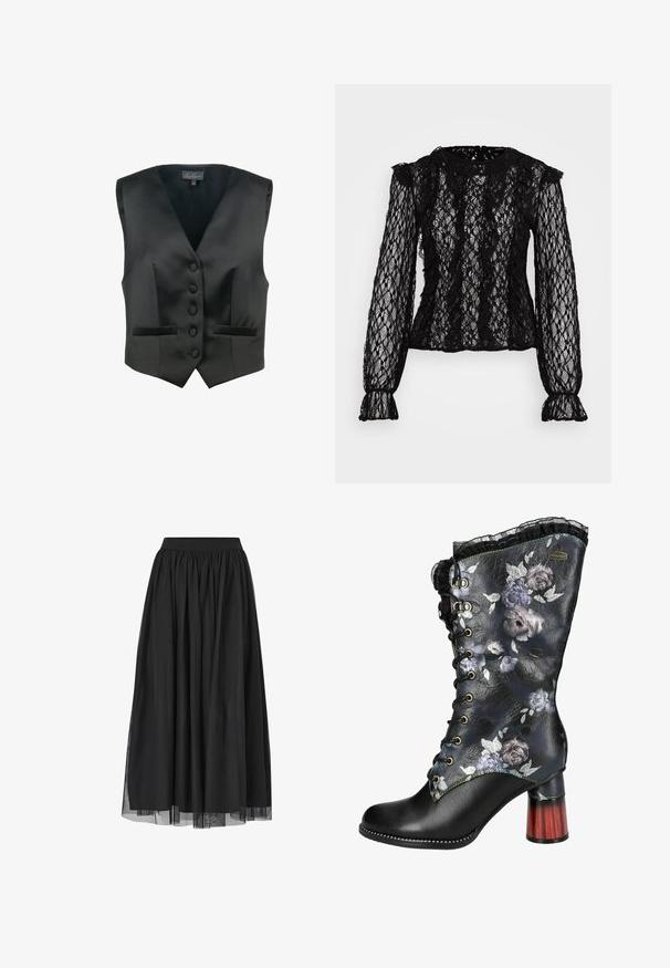 Luisa Spagnoli SCOLARO - Vest - nero; Sort blonderet langærmet top med en tætsiddende pasform, flæsedetaljer ved skuldrene og manchetterne, samt et struktureret blomster-mønster overalt.; Ellos Collection Maxinederdele - schwarz; Snørebånd højhælede støvler i sort syntetisk materiale, med et blomsterdesign i nuancer af lilla og grå, rynket top og farverig hæl.