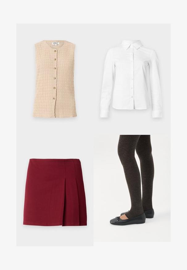Blouse beige texturée sans manches avec encolure ronde et rangée frontale de six boutons, étiquette "ONLY" au col.; Chemise blanche à manches longues avec boutons, col pointu, ourlet droit et silhouette ajustée, présentée sur un fond clair uni.; Jupe mini plissée bordeaux avec une texture lisse, taille ajustée et fermeture à glissière sur le côté. Design simple et minimaliste sans motifs.; Jambes portant des leggings côtelés foncés associés à des ballerines noires avec de petits détails en nœud sur fond blanc.