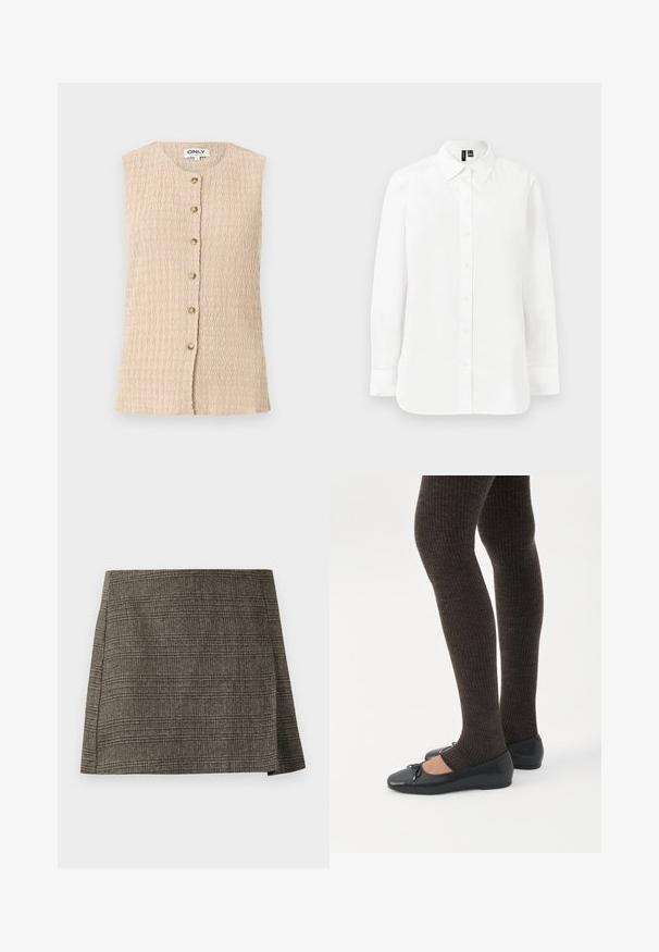 Blouse beige texturée sans manches avec encolure ronde et rangée frontale de six boutons, étiquette "ONLY" au col.; Chemise blanche à manches longues avec boutons, col pointu, poignets standards et ourlet droit sur fond clair uni.; Jupe mini à carreaux marron et gris avec une subtile fente latérale, coupe droite et tissu texturé.; Jambes portant des leggings côtelés foncés associés à des ballerines noires avec de petits détails en nœud sur fond blanc.