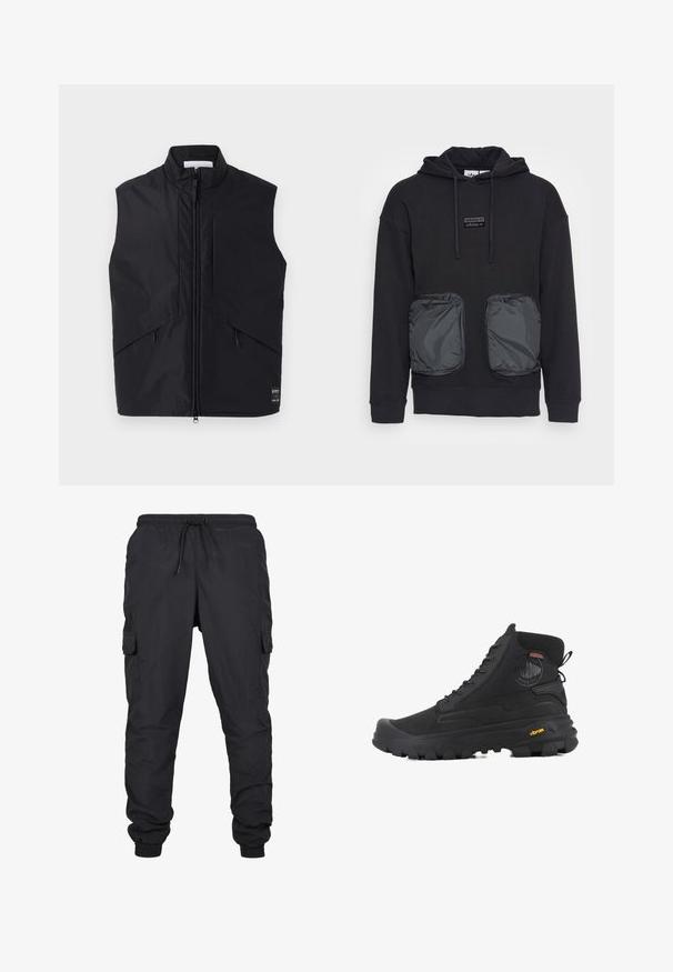 Chaleco negro sin mangas hecho de material ligero y resistente al agua, con un alto cuello, cremallera frontal y bolsillos laterales en ángulo.; Sudadera negra con capucha y corte holgado, con dos grandes bolsillos delanteros con cremallera en un material brillante. Pequeño parche con el logo encima de los bolsillos.; Pantalones cargo negros con cintura elástica y cordón, con bolsillos laterales y dobladillos ajustados. Hechos de un tejido ligero y duradero.; Botas altas negras con superficie texturizada, que cuentan con un diseño impermeable, sistema de cordones y una suela de goma prominente con la marca Vibram.