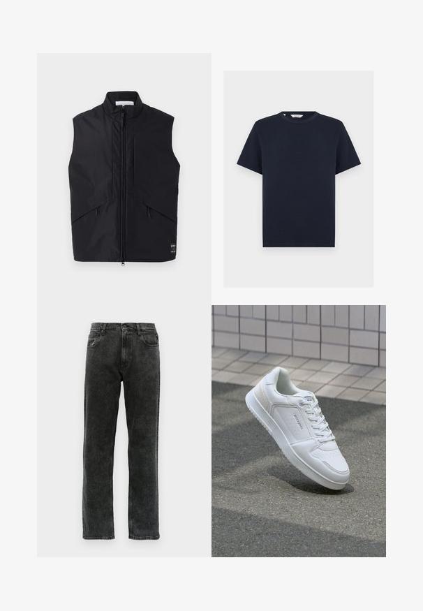 Sort ærmeløs vest lavet af letvægts, vandafvisende materiale, med høj krave, lynlås foran og skrå sidelommer.; Mørkeblå t-shirt med korte ærmer og rund hals med lige kant, vist på hvid baggrund.; Sorte denimjeans med lige ben, der har fem lommer, knaplukning og diskret udvaskning langs stoffet.; Hvide sneakers med glat læderoverdel, perforeret tå for åndbarhed og tekstureret sidepanel. Letvægts gummisål. Snørebåndsdesign.