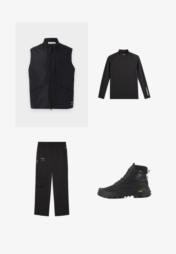 Zwarte mouwloze vest gemaakt van lichtgewicht, waterafstotend materiaal, met een hoge kraag, voorzijde met rits en schuin geplaatste zijzakken.; Zwart sporttopje met lange mouwen, opstaande kraag, slim fit en witte "J.Lindeberg"-logo op linkerarm en kraag.; Zwarte sportbroek met een elastische tailleband, met een zijvak en logo-accenten in geel. Lichtgewicht, duurzame stof.; Zwarte hoge laarzen met een gestructureerd oppervlak, voorzien van een waterdicht ontwerp, vetersysteem en een opvallende rubberen zool met Vibram-merktekens.