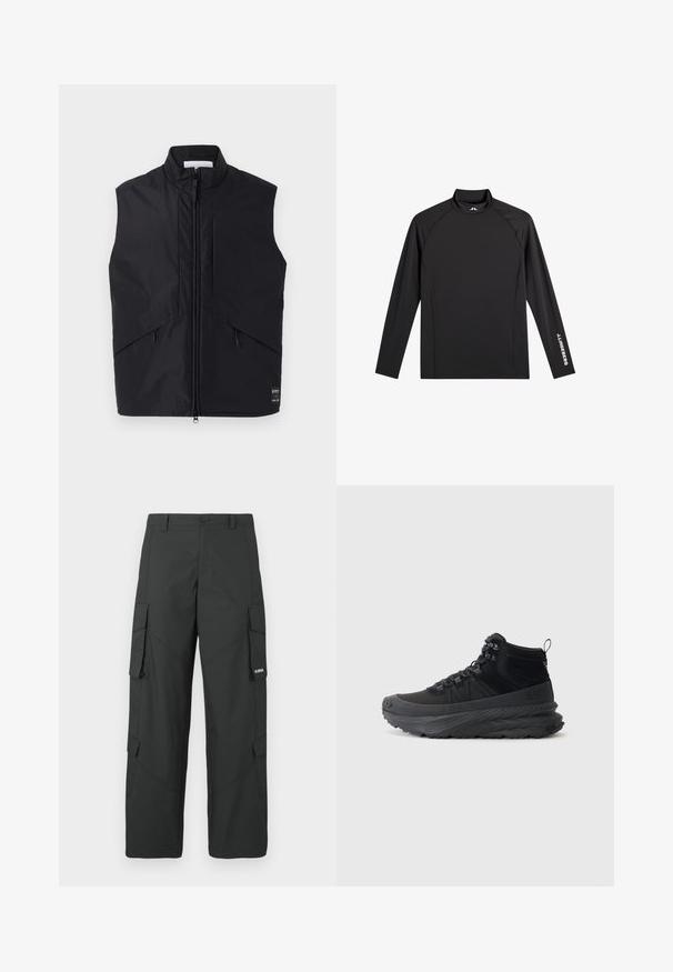Chaleco negro sin mangas hecho de material ligero y resistente al agua, con un alto cuello, cremallera frontal y bolsillos laterales en ángulo.; Camiseta negra deportiva de manga larga con cuello alto falso, corte ajustado y logo blanco "J.Lindeberg" en la manga izquierda y el cuello.; Pantalones cargo rectos negros con bolsillos laterales con solapa, cierre de botón, trabillas para cinturón y pequeño logo blanco en la solapa del bolsillo derecho.; Zapatilla alta negra hecha de tejido texturizado con suela de goma, que presenta cierre de cordones, cuello acolchado y tira en el talón.