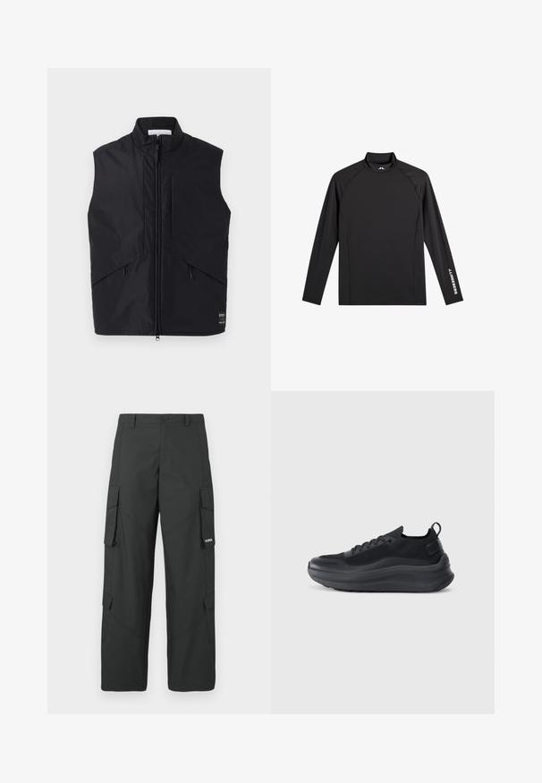 Chaleco negro sin mangas hecho de material ligero y resistente al agua, con un alto cuello, cremallera frontal y bolsillos laterales en ángulo.; Camiseta negra deportiva de manga larga con cuello alto falso, corte ajustado y logo blanco "J.Lindeberg" en la manga izquierda y el cuello.; Pantalones cargo rectos negros con bolsillos laterales con solapa, cierre de botón, trabillas para cinturón y pequeño logo blanco en la solapa del bolsillo derecho.; Zapatilla deportiva negra con parte superior de malla, acentos texturizados y una suela de goma gruesa. Cuenta con una lengüeta en el talón y un diseño con cordones.
