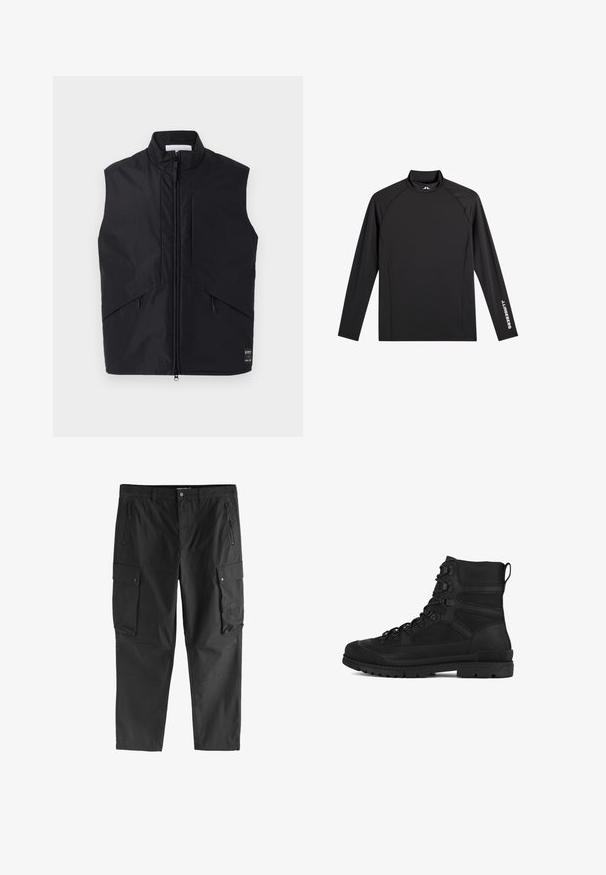 Chaleco negro sin mangas hecho de material ligero y resistente al agua, con un alto cuello, cremallera frontal y bolsillos laterales en ángulo.; Camiseta negra deportiva de manga larga con cuello alto falso, corte ajustado y logo blanco "J.Lindeberg" en la manga izquierda y el cuello.; Pantalones cargo negros con bolsillos frontales con cremallera, bolsillos laterales con solapa y botón, y trabillas para cinturón, exhibidos sobre un fondo blanco.; Botín de senderismo negro con diseño de caña alta, fabricado en material sintético, con acabado texturizado, puntera reforzada y herrajes metálicos para los cordones.