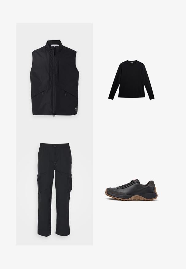 Chaleco negro sin mangas hecho de material ligero y resistente al agua, con un alto cuello, cremallera frontal y bolsillos laterales en ángulo.; Camiseta negra de manga larga hecha de tela suave, con cuello redondo y un logotipo sutil en el frente, con un corte holgado.; Pantalones cargo negros hechos de tejido tejido. Cuenta con una cinturilla ajustable, bolsillos laterales y dos bolsillos de utilidad con cremalleras.; Zapatilla negra de cuero y ante con cordones negros, suela marrón resistente y diseño de corte bajo, mostrada en vista lateral izquierda sobre fondo blanco.