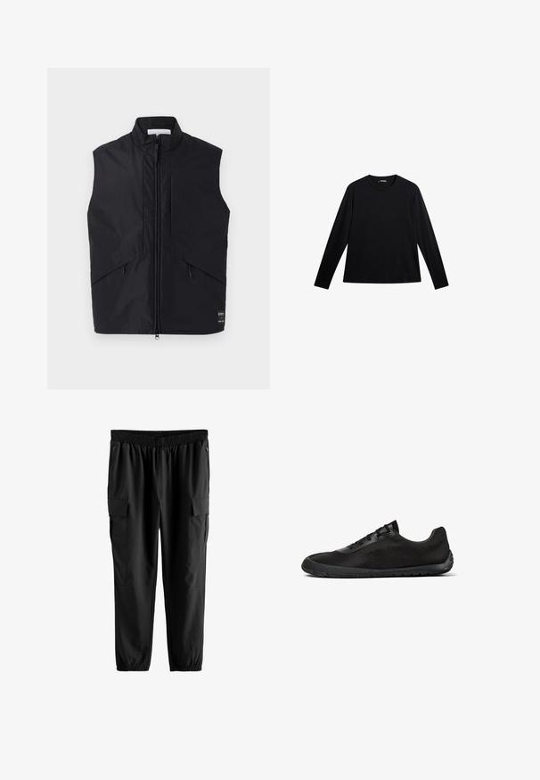 Chaleco negro sin mangas hecho de material ligero y resistente al agua, con un alto cuello, cremallera frontal y bolsillos laterales en ángulo.; Camiseta negra de manga larga hecha de tela suave, con cuello redondo y un logotipo sutil en el frente, con un corte holgado.; Los pantalones cargo negros cuentan con una cinturilla elástica, bolsillos laterales con cremallera y dos grandes bolsillos cargo con cierres de solapa. Tejido suave y ligero.; Zapatilla negra de perfil bajo con parte superior de malla, cierre de cordones y suela de goma flexible, vista lateral sobre fondo blanco.