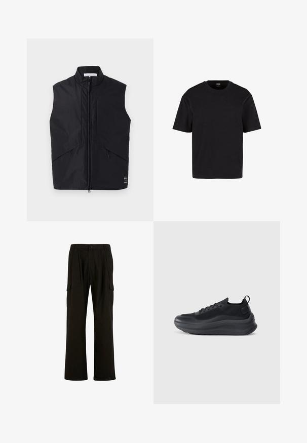 Sort ærmeløs vest lavet af letvægts, vandafvisende materiale, med høj krave, lynlås foran og skrå sidelommer.; Sort kortærmet t-shirt lavet af blødt bomuldsstof. Klassisk crew neckline og afslappet pasform, uden synlige mønstre eller hardware detaljer.; Urban Classics WIDE - Cargobukser - black; Sort sportsko med mesh-overdel, teksturerede detaljer og en tyk gummisål. Har en løkke ved hælen og snørebåndsdesign.
