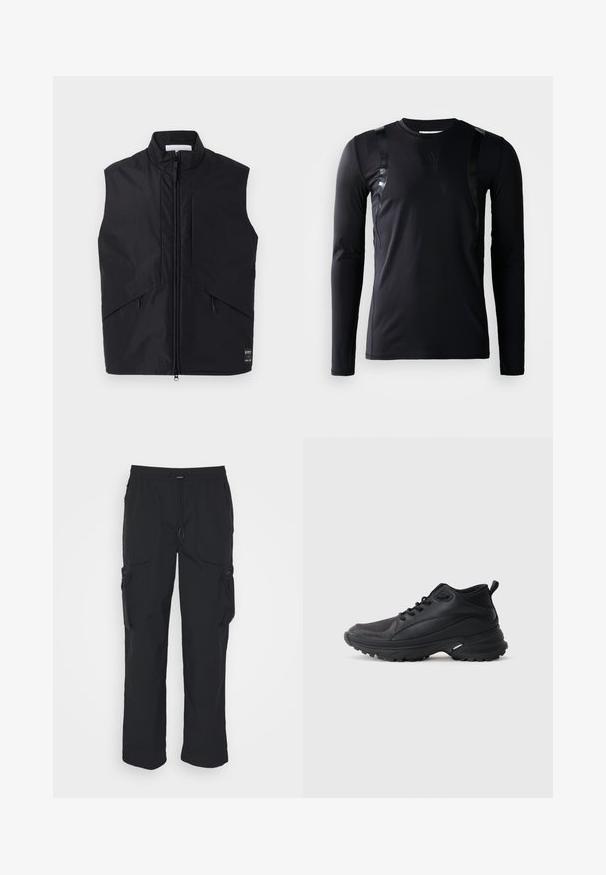 Zwarte mouwloze vest gemaakt van lichtgewicht, waterafstotend materiaal, met een hoge kraag, voorzijde met rits en schuin geplaatste zijzakken.; Zwarte lange-mouwen sportshirt gemaakt van glad, rekbaar materiaal. Kenmerkt zich door glanzende zwarte accenten op de schouders en een Adidas-logo op de borst.; Zwarte cargobroek van geweven stof. Voorzien van een verstelbare tailleband, zijzakken en twee utilityzakken met ritsen.; Zwarte sportschoenen gemaakt van synthetisch materiaal. Voorzien van een gevoerde kraag, ronde neus, stevige buitenzool met grip en merkembleem.
