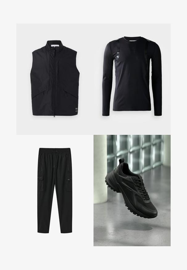 Gilet sans manches noir en matériau léger et résistant à l'eau, avec un col montant, une fermeture éclair à l'avant et des poches latérales inclinées.; T-shirt de sport à manches longues noir en tissu lisse et extensible. Présente des accents noirs brillants sur les épaules et un logo Adidas sur la poitrine.; Pantalon cargo noir avec ceinture élastique, cordon de serrage, deux poches latérales zippées et deux poches à rabat zippées sur les cuisses.; Baskets de sport noires avec semelle texturée et lacets, flottant au-dessus d'un sol gris avec un mur en blocs de verre en arrière-plan.