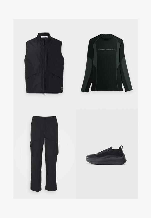 Gilet sans manches noir en matériau léger et résistant à l'eau, avec un col montant, une fermeture éclair à l'avant et des poches latérales inclinées.; Chemise noire à manches longues avec col haut, fabriquée en tissu texturé. Présente des panneaux latéraux gris et le logo "NIKE TECH" sur la poitrine.; Pantalons cargo noirs en tissu tissé. Dotés d'une taille réglable, de poches latérales et de deux poches utilitaires avec zips.; Baskets de sport noires avec un dessus en mesh, des accents texturés et une semelle en caoutchouc épaisse. Présente un tirant à l'arrière et un design à lacets.