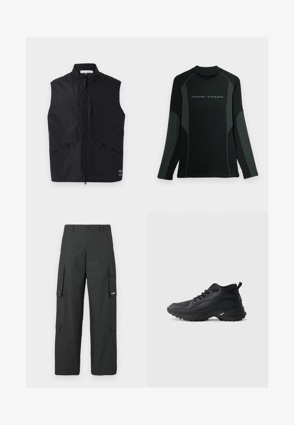 Chaleco negro sin mangas hecho de material ligero y resistente al agua, con un alto cuello, cremallera frontal y bolsillos laterales en ángulo.; Camisa negra de manga larga con cuello alto, hecha de una tela texturizada. Presenta paneles laterales grises y el logo "NIKE TECH" en el pecho.; Pantalones cargo rectos negros con bolsillos laterales con solapa, cierre de botón, trabillas para cinturón y pequeño logo blanco en la solapa del bolsillo derecho.; Zapatillas deportivas negras hechas de material sintético. Presentan un cuello acolchado, puntera redonda, suela resistente con tracción y detalle del logo de la marca.