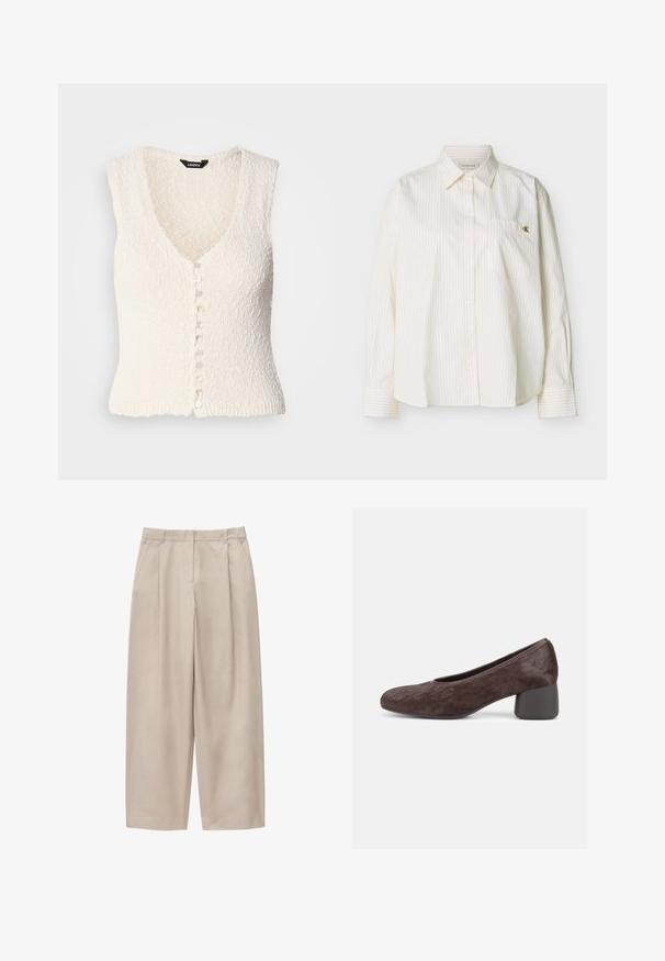 Gilet en tricot sans manches blanc avec un col en V et un tissu texturé. Il présente une fermeture à bouton avec des boutons ronds de couleur claire.; Chemise blanche à manches longues avec boutons, fines rayures verticales, col pointu, poche poitrine avant et petit logo doré "cK" sur la poche.; Pantalon beige à jambes larges avec plis devant, poches latérales, passants pour ceinture et fermeture frontale dissimulée.; Chaussure femme marron à talon bas, bout arrondi et dessus texturé, avec un talon bloc et un design sans lacets.