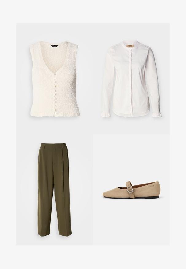 Gilet en tricot sans manches blanc avec un col en V et un tissu texturé. Il présente une fermeture à bouton avec des boutons ronds de couleur claire.; Blouse blanche à manches longues avec col mao, patte de boutonnage dissimulée, fines rayures verticales et poignets à volants, présentée sur un fond uni.; Pantalons à jambes larges vert olive en tissu lisse, dotés d'une taille haute, de plis sur le devant et de poches latérales pour plus de fonctionnalité.; Ballerines en daim beige de style Mary Jane avec un bout pointu et une seule sangle réglable dotée d'une boucle en métal argenté. Semelle plate noire.