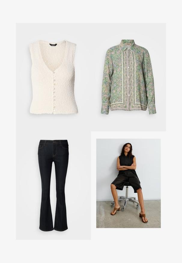 Gilet en tricot sans manches blanc avec un col en V et un tissu texturé. Il présente une fermeture à bouton avec des boutons ronds de couleur claire.; Chemise à boutons à fleurs vertes avec manches longues, présentant une bordure de couleur claire contrastante et des motifs complexes sur le devant. Tissu léger.; Jean évasé bleu foncé, fabriqué en denim. Doté d'une taille mi-haute, de cinq poches et de coutures contrastées le long des coutures. Design classique et fonctionnel.; Femme aux longs cheveux noirs assise sur une chaise de bureau noire, portant un haut sans manches noir, un short noir longueur genou et des sandales marron à talons.