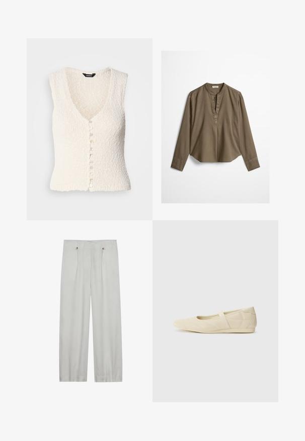 Gilet en tricot sans manches blanc avec un col en V et un tissu texturé. Il présente une fermeture à bouton avec des boutons ronds de couleur claire.; Blouse décontractée marron à manches longues avec col mandarin, pli à l'avant et ourlet légèrement arrondi, étalée à plat sur un fond blanc.; Pantalons taille haute en gris clair, à jambes larges, fabriqués en tissu doux. Comprend deux plis avant, deux boutons de fermeture et une texture lisse.; Ballerines beiges avec une exterior en cuir lisse, un bout en forme d'amande et une sangle élastique sur le coup de pied, avec des détails de couture subtils.