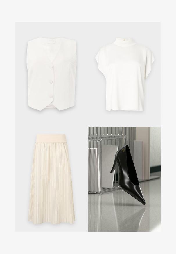 Gilet sans manches blanc avec un décolleté en V, cinq boutons et une petite poche sur la poitrine gauche. Texture lisse et design structuré.; Haut blanc à manches courtes avec un col montant, fabriqué en tissu doux. Doté d'un détail de bouton à l'arrière du col. Silhouette simple et décontractée.; Jupe crème plissée avec fines rayures verticales, dotée d'une ceinture élastique douce. Fabriquée en tissu léger pour le confort.; Chaussure noire à talon haut avec bout pointu et logo doré, posée sur une surface réfléchissante près d'un organiseur de dossiers en fil chromé contenant des documents.
