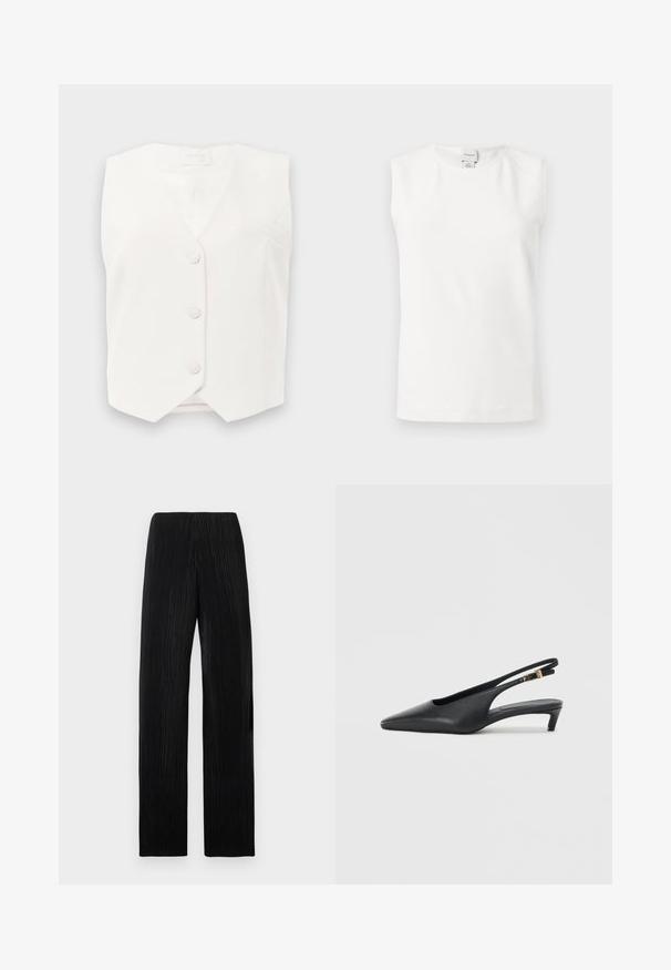 Gilet sans manches blanc avec un décolleté en V, cinq boutons et une petite poche sur la poitrine gauche. Texture lisse et design structuré.; Haut blanc sans manches avec un col rond, étiquette Calvin Klein au niveau de la nuque, présenté sur un fond clair uni.; Pantalon noir taille haute à jambes larges avec des plis verticaux subtils, présenté à plat sur un fond gris clair.; Des escarpins à talon ouvert noirs avec un bout pointu, une texture en cuir lisse, un petit talon aiguille, et une sangle avec un accent de boucle en métal.