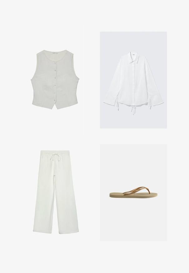 Haut sans manches gris clair avec un col rond, doté d'une fermeture à boutons à l'avant et d'une coupe ajustée. Fabriqué dans un tissu lisse, il possède des poches latérales discrètes.; Chemise en coton blanche avec un col, des manches longues et des liens réglables aux poignets. Fermeture par boutons sur le devant et coupe légèrement ample.; Pantalons larges blancs en tissu doux. Dotés d'une taille élastique avec cordon de serrage et d'une texture lisse. Aucuns motifs visibles ni éléments en métal.; Tongs beige avec semelle texturée et brides métalliques bronze en forme de Y sur fond blanc uni.