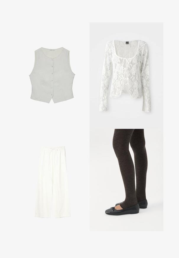 Haut sans manches gris clair avec un col rond, doté d'une fermeture à boutons à l'avant et d'une coupe ajustée. Fabriqué dans un tissu lisse, il possède des poches latérales discrètes.; Cardigan long en dentelle blanche à manches longues avec un col rond et une fermeture à nouer sur le devant. Motif floral avec une texture légère et un ourlet arrondi.; Pantalon blanc à jambes larges avec taille élastique et cordon de serrage, en tissu léger.; Jambes portant des leggings côtelés foncés associés à des ballerines noires avec de petits détails en nœud sur fond blanc.