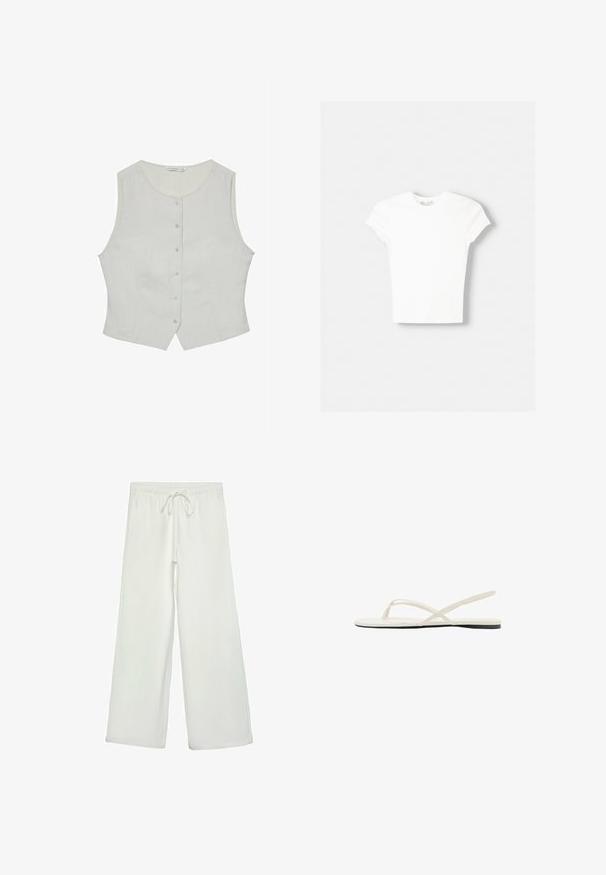 Haut sans manches gris clair avec un col rond, doté d'une fermeture à boutons à l'avant et d'une coupe ajustée. Fabriqué dans un tissu lisse, il possède des poches latérales discrètes.; T-shirt blanc à manches courtes en coton doux, avec un col rond et une coupe ajustée. Pas de motifs ni d'ornements visibles.; Pantalons larges blancs en tissu doux. Dotés d'une taille élastique avec cordon de serrage et d'une texture lisse. Aucuns motifs visibles ni éléments en métal.; Sandale plate blanche avec fines lanières croisées et une bride arrière, vue de côté sur fond blanc.