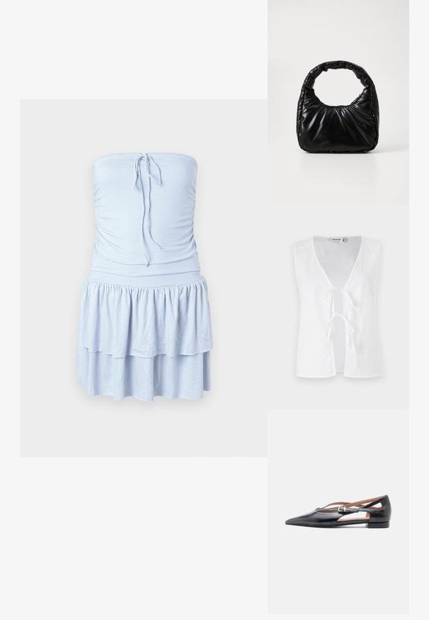 Haut sans manches blanc avec un décolleté en V profond, ouverture frontale maintenue par des liens. Texture lisse avec un design minimaliste, sans motifs ni embellissements.; Robe sans bretelles de couleur bleu clair avec des rayures horizontales blanches, présentant un haut froncé et une jupe à volants en couches. Tissu doux et léger.; Chaussures plates en cuir noir avec un bout pointu, des côtés ouverts et une petite bride de cheville ornée d'une boucle argentée.; Sac à main noir rembourré avec une poignée arrondie, présentant une surface lisse et brillante ainsi qu'une texture douce et matelassée. Pas de quincaillerie ou d'accents visibles.