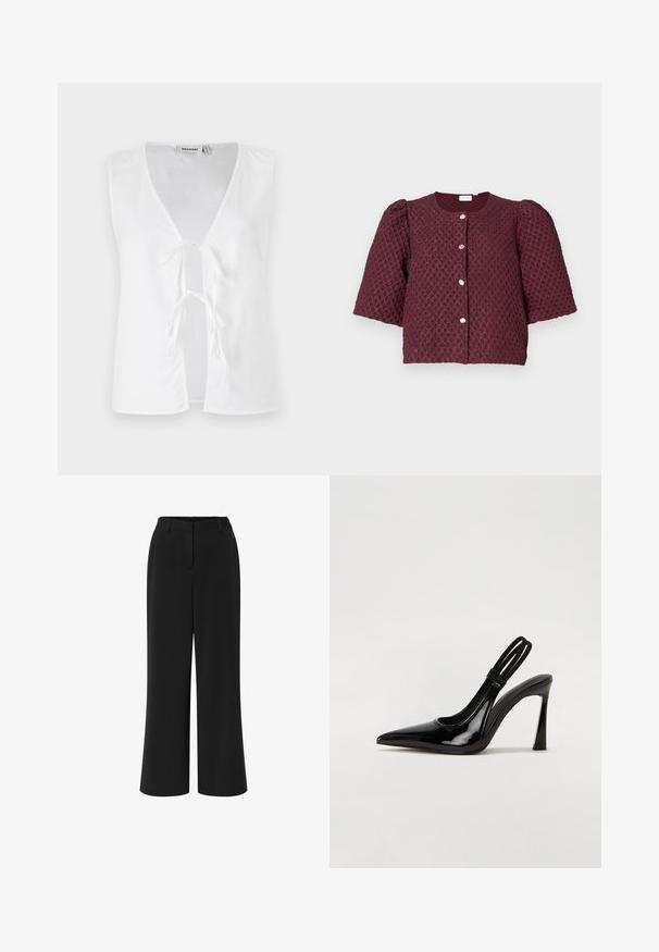 Haut sans manches blanc avec un décolleté en V profond, ouverture frontale maintenue par des liens. Texture lisse avec un design minimaliste, sans motifs ni embellissements.; Veste texturée bordeaux courte avec des manches bouffantes et quatre boutons en argent à l'avant sur un fond clair.; Pantalons larges noirs en tissu lisse. Ils présentent un devant plat, une taille avec passants de ceinture et deux poches latérales.; Escarpin en cuir verni noir à talon aiguille, à bout pointu, avec une sangle élastique double pour un maintien sécurisé. Surface lisse et brillante.
