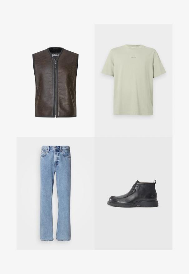 Samsøe Samsøe Veste sans manches - dark brown crackled; T-shirt en coton vert clair avec un col rond, des manches courtes et un petit logo Calvin Klein imprimé en une teinte plus foncée sur la poitrine.; Jean en denim bleu clair avec une coupe droite, cinq poches et une fermeture à bouton. Détails de couture près des poches et de la taille.; Bottes noires en cuir à talon arrondi, avec un design à lacets et une languette à l'arrière. Tige texturée et semelle en caoutchouc.