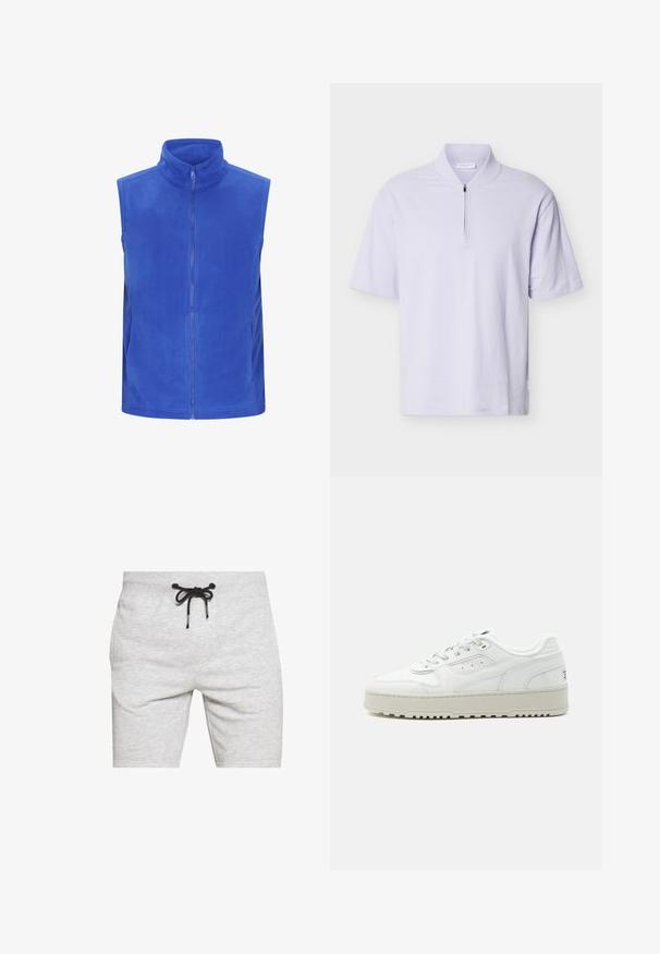 Chaleco de forro polar azul con cuello alto, cremallera frontal y sin mangas. Textura suave con bolsillos laterales, material ligero.; Camisa de manga corta color lila claro con cuello acanalado y cierre de medio cremallera en el centro delantero.; Pantalones cortos de algodón grises para hombre con cintura elástica con cordón, con una textura suave y un corte de longitud media. No hay bolsillos visibles.; Zapatilla blanca de corte bajo con suela gruesa, cierre de cordones en la parte delantera, detalles perforados y cuello acolchado sobre un fondo gris claro liso.