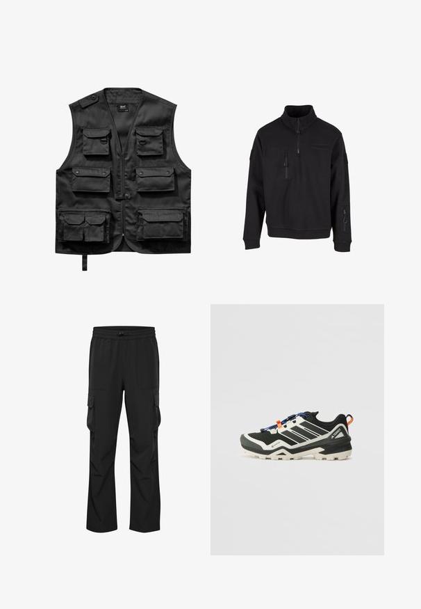 Zwarte vest van lichtgewicht stof, met zes voorzakken, een ritssluiting aan de voorkant en een knoopsluiting op de linkerschouder.; Zwarte pullover sweatshirt met halve rits, hoge kraag, voorzak en zijzak met rits. Heeft een gestructureerde stof en geribbelde boorden.; Zwarte cargobroek gemaakt van lichtgewicht stof, met een elastische tailleband, een trekkoorddetails en meerdere zijzakken.; Zwart-witte buitenschoen met een gestructureerde bovenkant, versterkte neus en een robuuste zool. Voorzien van blauwe veters en oranje accenten.