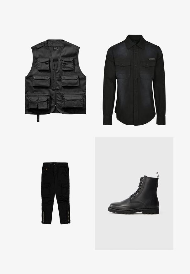 Zwarte vest van lichtgewicht stof, met zes voorzakken, een ritssluiting aan de voorkant en een knoopsluiting op de linkerschouder.; Zwarte blouse met lange mouwen van katoen, voorzien van twee borstzakken, knoopsluiting en een licht vervaagde textuur over de stof.; Zwarte cargo broeken van katoen, met zijzakken, ritsaccenten bij de enkels en een regular-fit ontwerp.; Zwarte leren enkellaars met ronde neus, vetersluiting en metalen oogjes. Beschikt over een gestructureerde zool en een trekstrip aan de hiel voor gemakkelijk aan- en uittrekken.