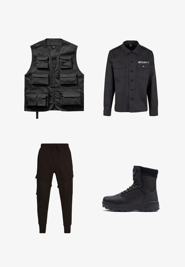 Gilet noir en tissu léger, doté de six poches frontales, d'une fermeture éclair à l'avant et d'une fermeture à bouton sur l'épaule gauche.; Veste de sécurité noire en mélange de coton, dotée de deux poches avant, fermeture à boutons et inscription "SECURITY" en blanc sur la poitrine.; Pantalons cargo noirs avec taille élastique à cordon, poches latérales et accents texturés sur les poches cargo et les sangles. Poignets ajustés aux chevilles.; Botte tactique noire avec une tige en cuir lisse et des panneaux en tissu, design montante, fermeture à lacets à l'avant et semelle en caoutchouc robuste.