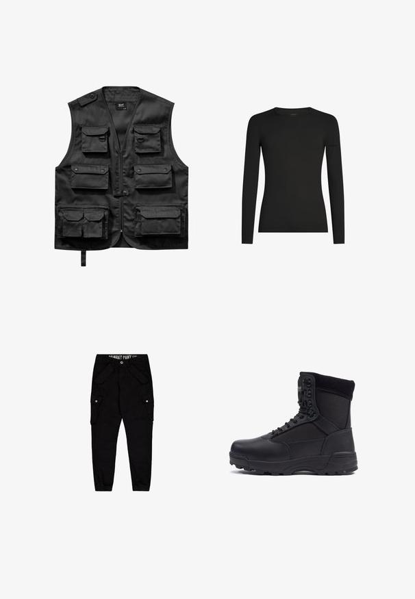 Schwarze Weste aus leichtem Stoff, ausgestattet mit sechs frontalen Taschen, einem Reißverschluss vorne und einem Knopfverschluss an der linken Schulter.; Schwarzes, langärmeliges, figurbetontes T-Shirt mit Rundhalsausschnitt und dezentem Icebreaker-Logo auf dem linken Ärmel, dargestellt vor weißem Hintergrund.; Schwarze Cargo-Hosen aus Baumwolle, mit mehreren Taschen, einer taillierten Passform und elastischen Bündchen an den Knöcheln.; Schwarzer taktischer Stiefel mit einem glatten Lederoberteil und Stoffpaneelen, hoher Knöchelgestaltung, schnürbarem vorderen Teil und robustem Gummisohle.