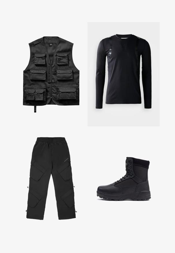 Zwarte vest van lichtgewicht stof, met zes voorzakken, een ritssluiting aan de voorkant en een knoopsluiting op de linkerschouder.; Zwarte lange-mouwen sportshirt gemaakt van glad, rekbaar materiaal. Kenmerkt zich door glanzende zwarte accenten op de schouders en een Adidas-logo op de borst.; Zwarte cargobroek gemaakt van een lichtgewicht, gestructureerd materiaal. Beschikt over een elastische tailleband, meerdere grote zakken en verstelbare manchetten.; Zwarte tactical boot met een gladlederen bovenkant en stofpanelen, hoge enkelontwerp, vetersluiting aan de voorkant en robuuste rubberen zool.