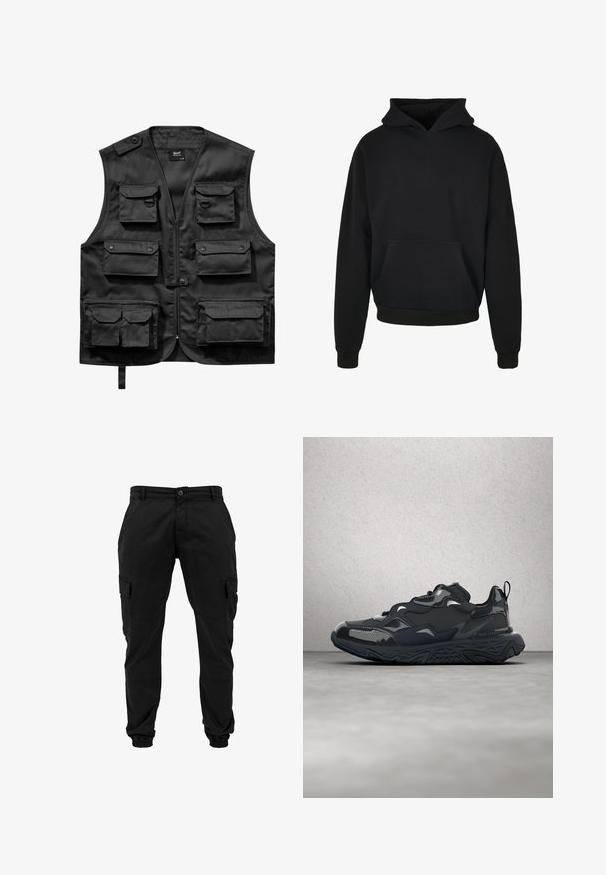 Zwarte vest van lichtgewicht stof, met zes voorzakken, een ritssluiting aan de voorkant en een knoopsluiting op de linkerschouder.; Zwarte hoodie met een voorvak, ribgebreide manchetten en zoom, gemaakt van zachte stof, met een losse pasvorm en minimalistisch design.; Zwarte cargobroek met knoop- en ritssluiting, zijflappenzakken en elastische boorden bij de enkels, afgebeeld tegen een witte achtergrond.; Zwarte hardloopschoen met een gestructureerd bovenwerk, gladde accenten en een dikke zool met een golvend profiel, ontworpen voor comfort en duurzaamheid.