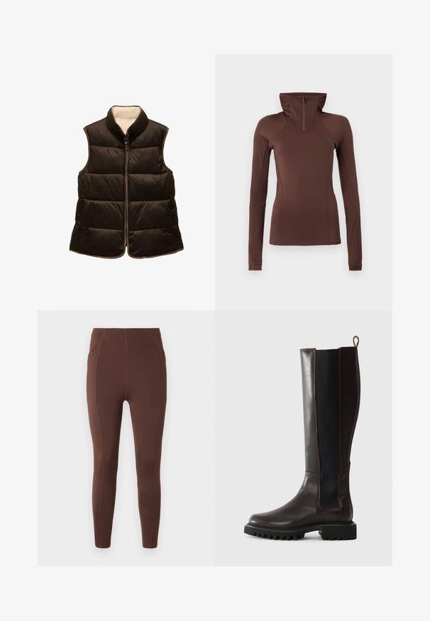 Brun polstret vest med høj krave, lynlåslukning og kontrastkant. Har vandret syninger og en blød inderside.; Brun langærmet top med halv lynlås i kraven, tætsiddende design, blød tekstur og diskret branding på brystet.; Brune leggings lavet af strækbart stof, der har en glat tekstur, sidelommer og sporty sømdetaljer langs benene.; Brune læderknæhøje støvler med elastiske sidepaneler, robust gummisål og en pull tab bagpå; strømlinet design med kontrasterende teksturer.