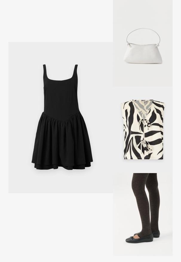 Top sem mangas com estampa de zebra preto e branco, decote em V e dois fechos de atar na frente.; Vestido preto sem mangas com decote quadrado, corpete ajustado e saia rodada e godê; textura suave e cor sólida.; Pernas vestindo leggings escuros canelados combinados com sapatilhas pretas com pequenos detalhes de laço sobre um fundo branco.; Mala de mão em pele branca trançada com pega arredondada e extremidades da alça em nó, exibida contra um fundo simples.