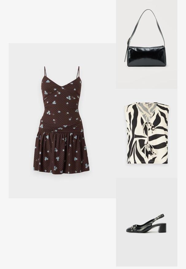 Top sem mangas com estampa de zebra preto e branco, decote em V e dois fechos de atar na frente.; Vestido castanho sem mangas com alças finas, estampado floral azul claro, corpete ajustado e saia franzida sobre fundo branco.; Sandal de salto slingback em couro preto, com bico apontado, faixa texturizada com detalhes metálicos circulares e salto bloco empilhado.; Mala de ombro retangular preta com uma única alça ajustável e fecho superior de correr sobre um fundo simples.