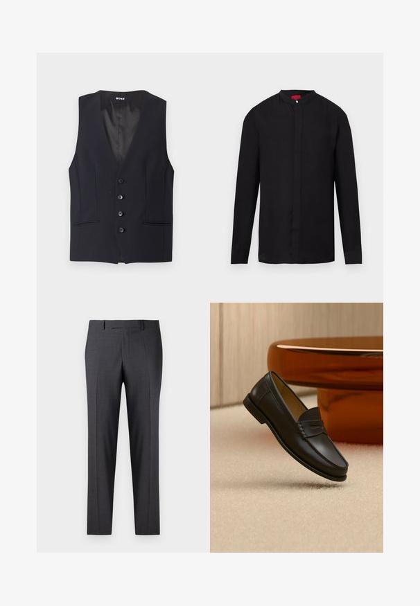 Zwarte op maat gemaakte vest met een diepe V-hals, vijf knoopsluitingen en twee zijzakken. Glad materiaal met een strakke, minimalistische uitstraling.; Zwart shirt met lange mouwen, mandarijnkraag en verborgen knoopsluiting, afgebeeld op een witte achtergrond.; Op maat gemaakte donkergrijze broeken van een soepel, gestructureerd weefsel; heeft een vlakke voorkant en rechte pijpen; minimalistisch ontwerp zonder zichtbare accenten.; Zwarte leren loaferschoen zwevend boven een beige tapijt met amberkleurige moderne meubels op de achtergrond.