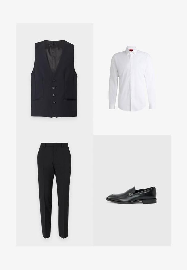 Čierny tailored vest s hlbokým V-výstrihom, s piatimi gombíkmi a dvoma bočnými vreckami. Hladká tkanina s elegantným, minimalistickým dizajnom.; Biela košeľa na gombíky vyrobená z hladkej látky s klasickým golierom, dlhými rukávmi a zaobleným lemom. Má béžové gombíky na prednej strane.; Čierne nohavice s prispôsobeným strihom, s plochým predným dielom, detailmi skladov a elegantným strihom. Vyrobené z hladkej látky pre rafinovaný vzhľad.; Pánska mokasína z čiernej kože s nízkym podpätkom, zaoblenou špičkou a malým kovovým logom na remienku, zobrazená z profilu na jednofarebnom pozadí.