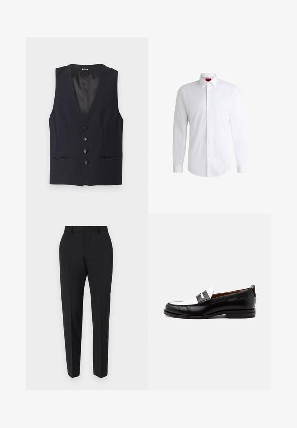 Čierny tailored vest s hlbokým V-výstrihom, s piatimi gombíkmi a dvoma bočnými vreckami. Hladká tkanina s elegantným, minimalistickým dizajnom.; Biela košeľa na gombíky vyrobená z hladkej látky s klasickým golierom, dlhými rukávmi a zaobleným lemom. Má béžové gombíky na prednej strane.; Čierne nohavice s prispôsobeným strihom, s plochým predným dielom, detailmi skladov a elegantným strihom. Vyrobené z hladkej látky pre rafinovaný vzhľad.; Čierno-biely kožený loafer s prešívanými detailmi, nízkym podpätkom a slip-on dizajnom, zobrazený z boku na jednotnom pozadí.