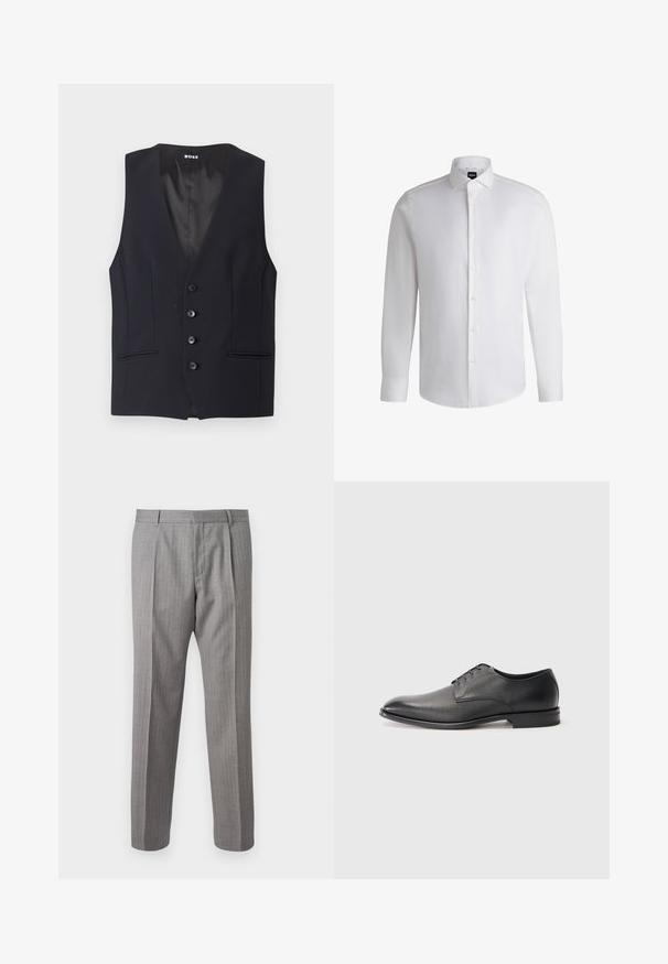 Čierny tailored vest s hlbokým V-výstrihom, s piatimi gombíkmi a dvoma bočnými vreckami. Hladká tkanina s elegantným, minimalistickým dizajnom.; Biela košeľa s dlhým rukávom vyrobená z hladkého bavlneného materiálu, s klasickým golierom, plným gombíkovým zapínaním a gombíkovými manžetami. Minimalistický dizajn.; Sivé pruhované nohavice s prispôsobeným strihom, obsahujúce predné skladky, pútka na opasok a hladkú textúru. Priamy strih, čisté lemovanie.; Čierne kožené pánske poltopánky s šnúrkami, nízkym opätkom a hladkým, mierne textúrovaným povrchom na obyčajnom bielom pozadí.