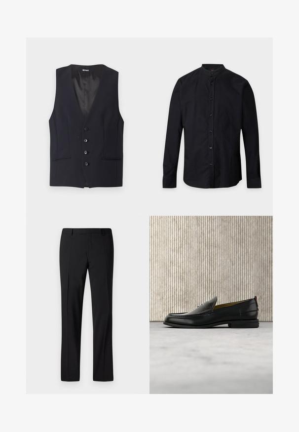 Zwarte op maat gemaakte vest met een diepe V-hals, vijf knoopsluitingen en twee zijzakken. Glad materiaal met een strakke, minimalistische uitstraling.; Zwart shirt met lange mouwen, staande kraag en knopen aan de voorkant, afgebeeld op een effen lichtgrijze achtergrond.; Zwarte op maat gemaakte broek met een rechte pijp ontwerp, voorzien van een gladde textuur, geplooide voorkant en een klassieke tailleband voor een formele uitstraling.; Zwarte leren herenslipper met een krokodillen-embossed voorblad en een lage hak, zij-aanzicht op een neutrale achtergrond.