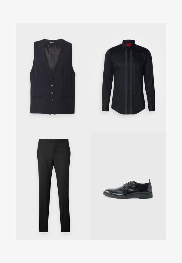 Chaleco negro a medida con un escote en V pronunciado, cierre de cinco botones y dos bolsillos laterales. Tejido suave con un diseño elegante y minimalista.; Camisa negra de manga larga hecha de algodón con una tapeta delantera texturizada, que presenta un cuello puntiagudo y cierre de botones. Etiqueta HUGO en rojo.; Pantalones negros ajustados de corte recto, hechos de una tela suave. Presentan un frente plano, trabillas para cinturón y sin patrones o adornos visibles.; Zapato de vestir negro de cuero brillante con tacón bajo, cierre de cordones y puntera redonda, mostrado de lado sobre un fondo claro y liso.
