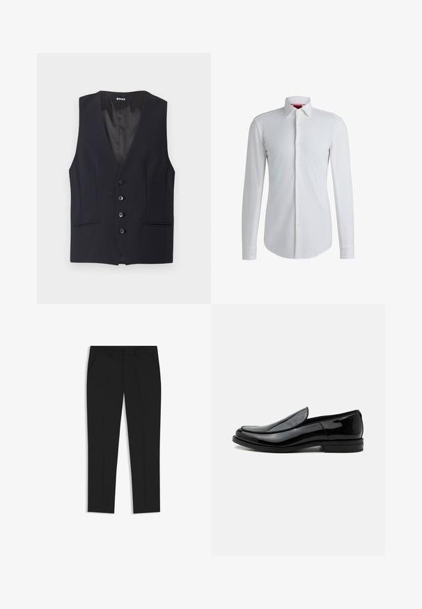 Zwarte op maat gemaakte vest met een diepe V-hals, vijf knoopsluitingen en twee zijzakken. Glad materiaal met een strakke, minimalistische uitstraling.; Witte lange mouwen overhemd met een gespreide kraag, een voorplacket en een afgeronde zoom. Gemaakt van gladde stof met een subtiele glans.; Zwarte op maat gemaakte broek met een rechte pijpdesign, voorzien van twee zijzakken en voorplooien voor extra structuur, gemaakt van soepel materiaal.; Zwarte glanzende leren instapschoenen met lage hak en afgeronde neus, zijaanzicht op een witte achtergrond.