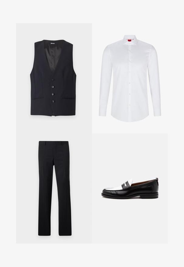 Zwarte op maat gemaakte vest met een diepe V-hals, vijf knoopsluitingen en twee zijzakken. Glad materiaal met een strakke, minimalistische uitstraling.; Witte lange mouwen knoopsluiting shirt gemaakt van soepel katoen. Beschikt over een klassieke kraag, volledige knoopsluiting en afgeronde zoom.; Zwarte op maat gemaakte pantalon met een recht model, scherpe plooien en een gladde afwerking. Gemaakt van lichtgewicht stof met een strakke tailleband.; Zwart-witte leren loafer met gestikte details, lage hak en slip-on ontwerp, zijaanzicht op een egale achtergrond.