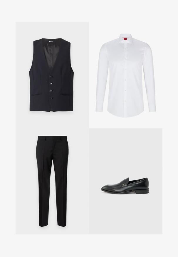 Mustrueritud must vest sügava V-kaelusega, viie nööbi kinnitusega ja kahe külje taskuga. Sile kude, sujuva ja minimalistliku disainiga.; Valge pika varrukaga nööbiga shirts, mis on valmistatud siledast puuvillast. Sellel on klassikaline krae, täisnööbiplokk ja ümar hem.; Mustad kohandatud püksid, mis on valmistatud siledast kangast, sirge säärega, rafineeritud voldiku detaljidega ning klassikalise vöökohtaga, millel on vööaasad.; Meeste musta nahast mokasiin madala kontsa, ümarate varvaste ja väikese metallist logoga rihmal, külgvaates, ühevärvilisel taustal.
